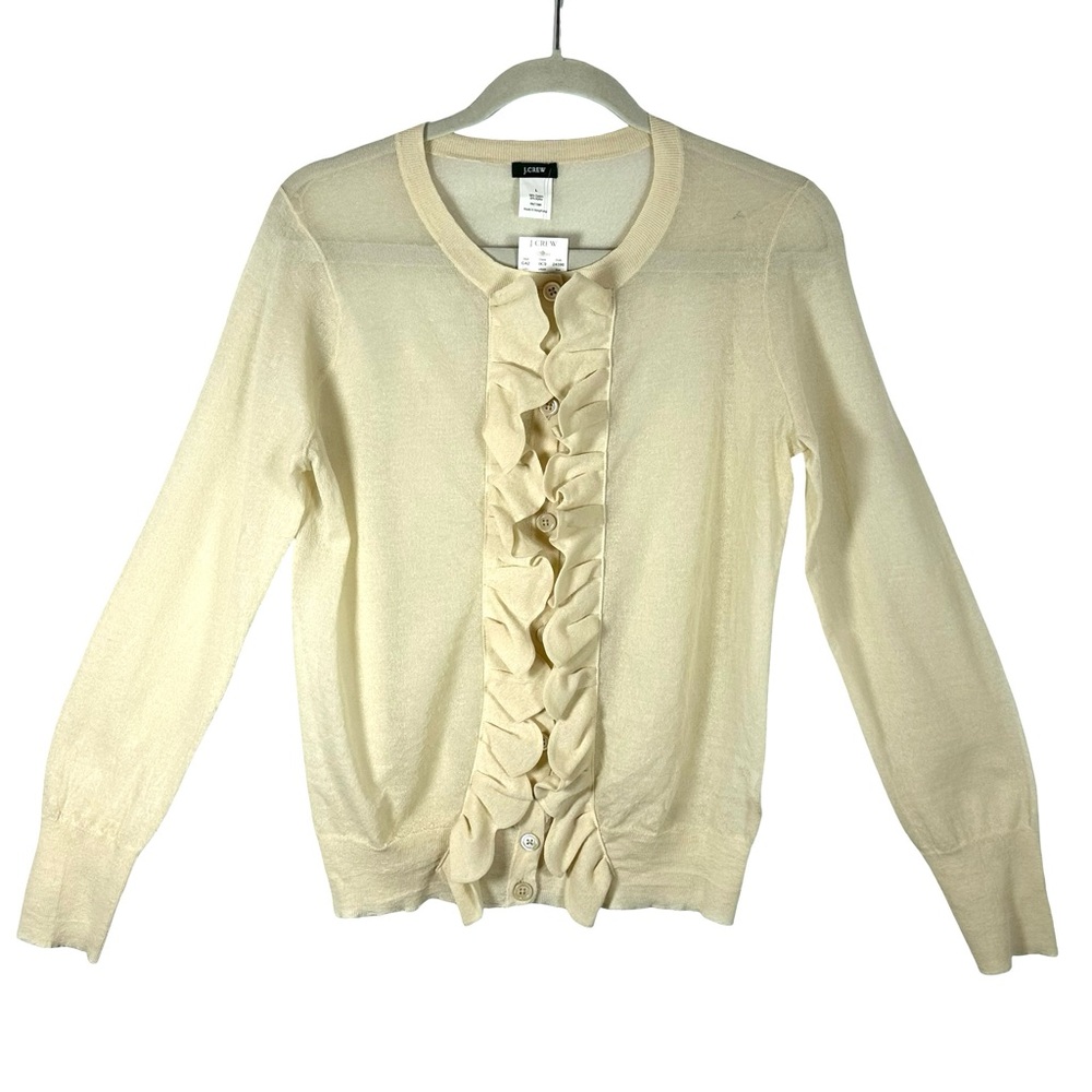 J. Crew NWT Lightweight Ruffle Front Button Up Neck Cardigan Sweater Size Large